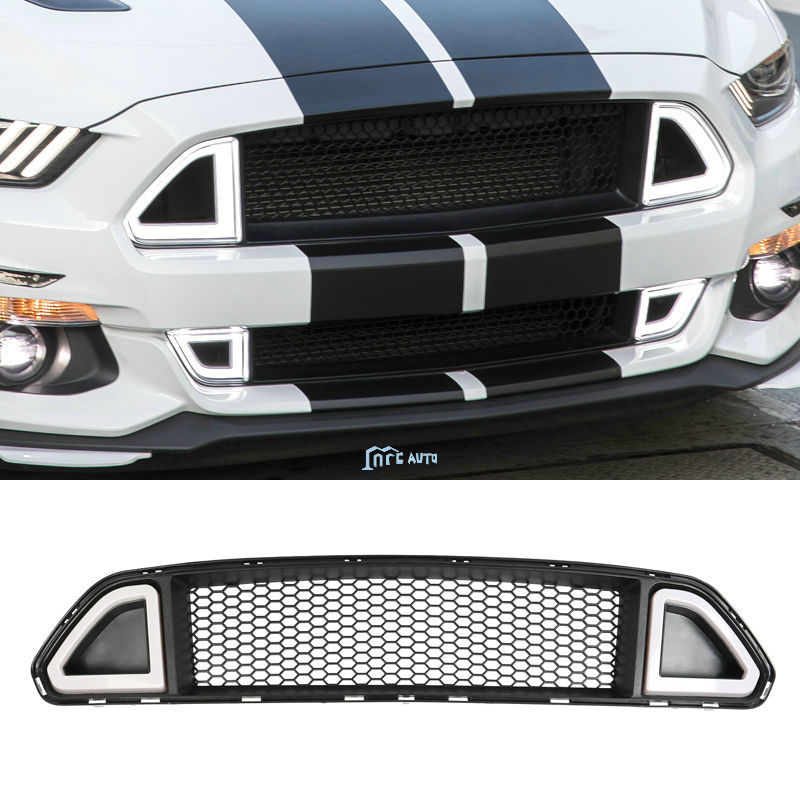 DRL LED Front Upper Mesh Grille Grill With Light For Ford Mustang 2015